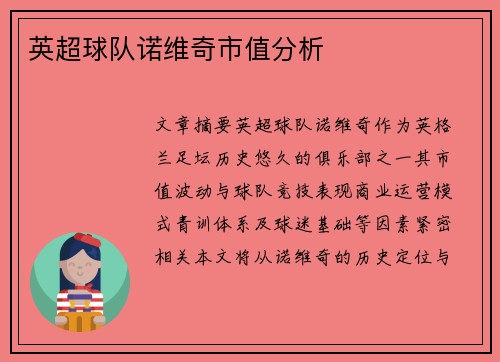 英超球队诺维奇市值分析