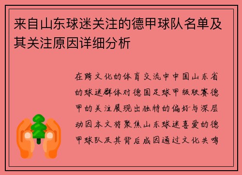 来自山东球迷关注的德甲球队名单及其关注原因详细分析